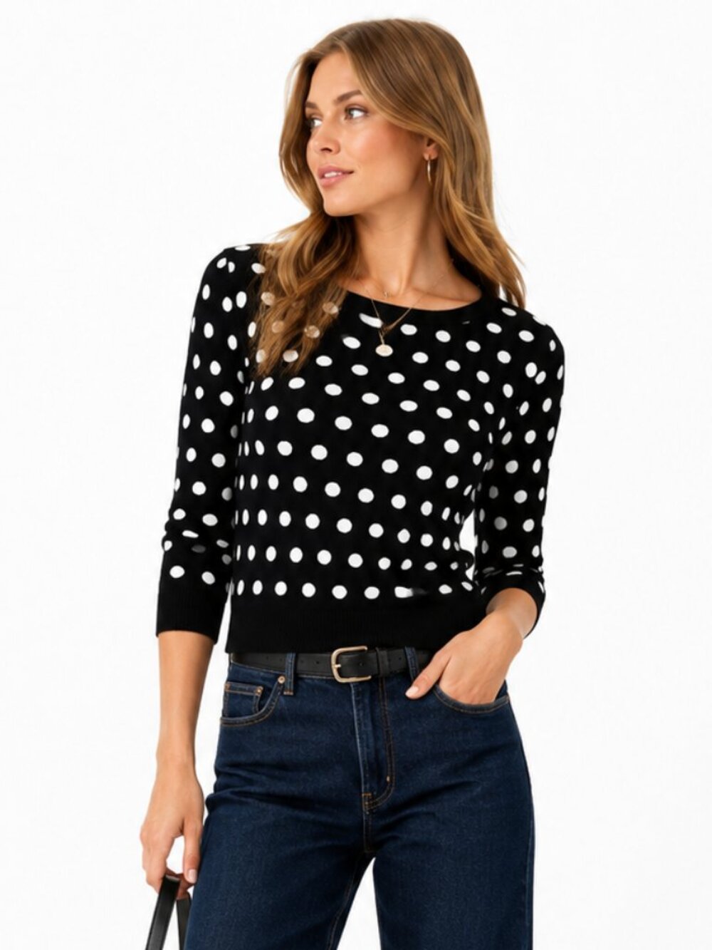 Vintage 90s Polka Dot 100 Cotton Sweater XS Black White Retro Preppy Mod Graphic
